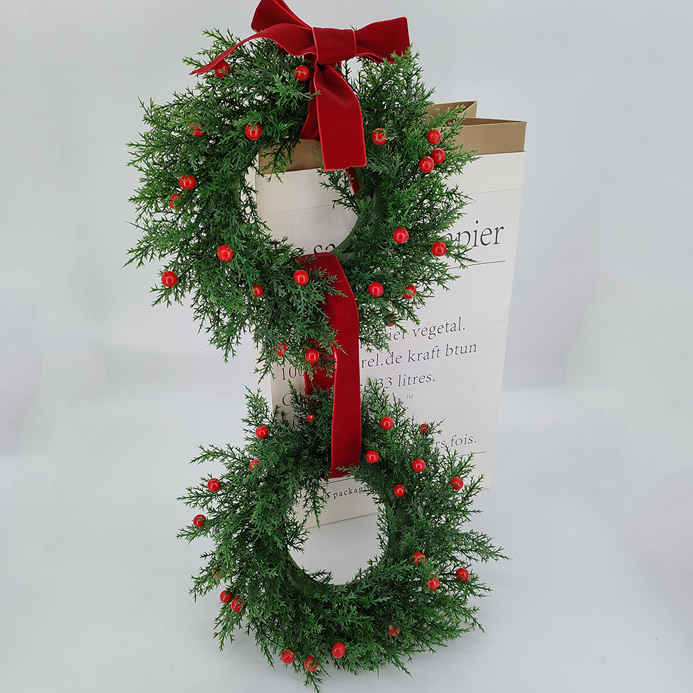 engros 33 cm hængende juledobbelt kranse med røde bær, julefløjlssløjfe og knude, kunstig krans fra Kina til feriedekoration-Sunyfar kunstige blomster, Kina fabrik, leverandør, producent, grossist