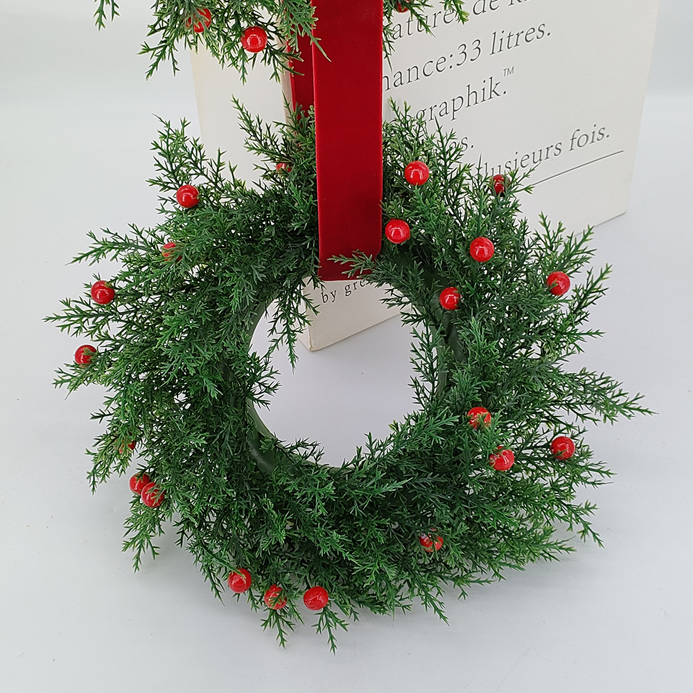 wholesale 33cm hanging Christmas double wreaths with red berries, Christmas velvet bow and knot, artificial wreath from China for holiday decoration-Sunyfar Artificial Flowers,China Factory,Supplier,Manufacturer,Wholesaler