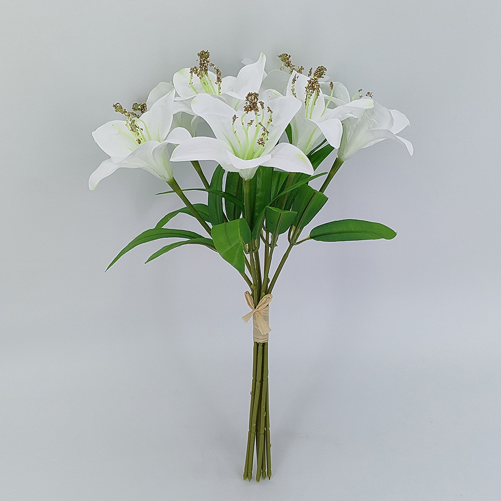 Kina leverandør engros kunstige lilje blomsterarrangement, kunstige lilje buketter til bryllupper, kunstige liljekonval buket-Sunyfar kunstige blomster, Kina fabrik, leverandør, producent, grossist