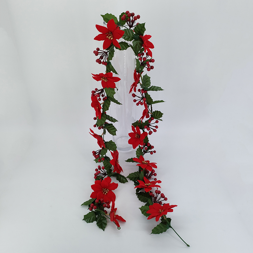 Wholesale Christmas poinsettia garland with red berries, artificial poinsettia wall hanging vines, Christmas party garland decor-Sunyfar Artificial Flowers,China Factory,Supplier,Manufacturer,Wholesaler