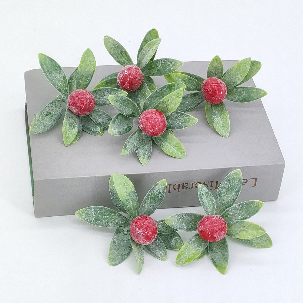 wholesale artificial flower material bulk, flocked dusty leaves with red berries for Christmas wreath and garland, artificial greenery decor-Sunyfar Artificial Flowers,China Factory,Supplier,Manufacturer,Wholesaler