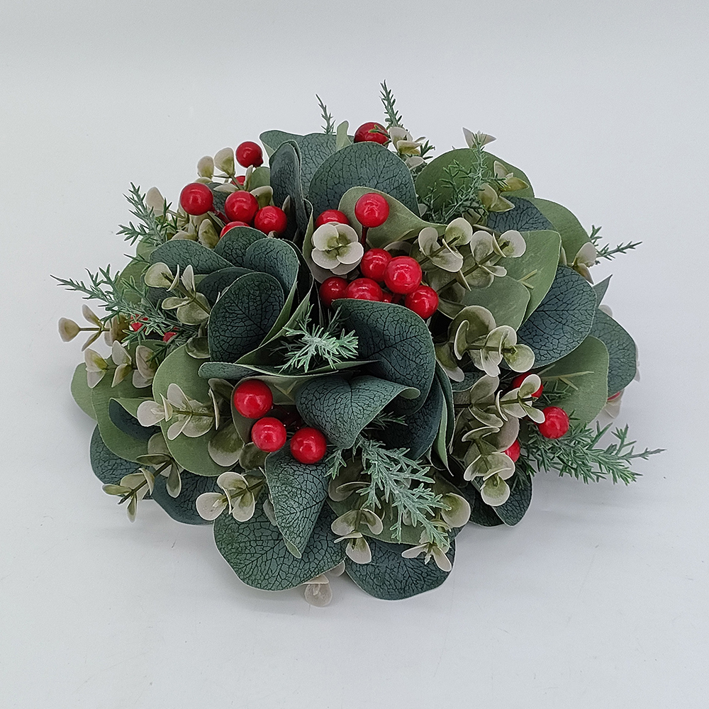Velkoobchod vánoční eukalyptový chmel poloviční koule s umělými červenými bobulemi, červené bobule vánoční půlkoule, umělá eukalyptová poloviční topiární koule poloviční koule, falešná květinová zeleň na podnosy, koše, dekorace na hrnce, květina na stůl-Umělé květiny Sunyfar,Čínská továrna,Dodavatel,Výrobce ,Velkoobchodník