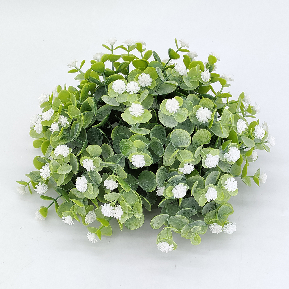 Wholesale artificial flocked eucalyptus hops half sphere with baby’s breath, fake greenery half sphere,artificial plants half topiary ball for trays, baskets, pots decoration, Christmas decoration-Sunyfar Artificial Flowers,China Factory,Supplier,Manufacturer,Wholesaler