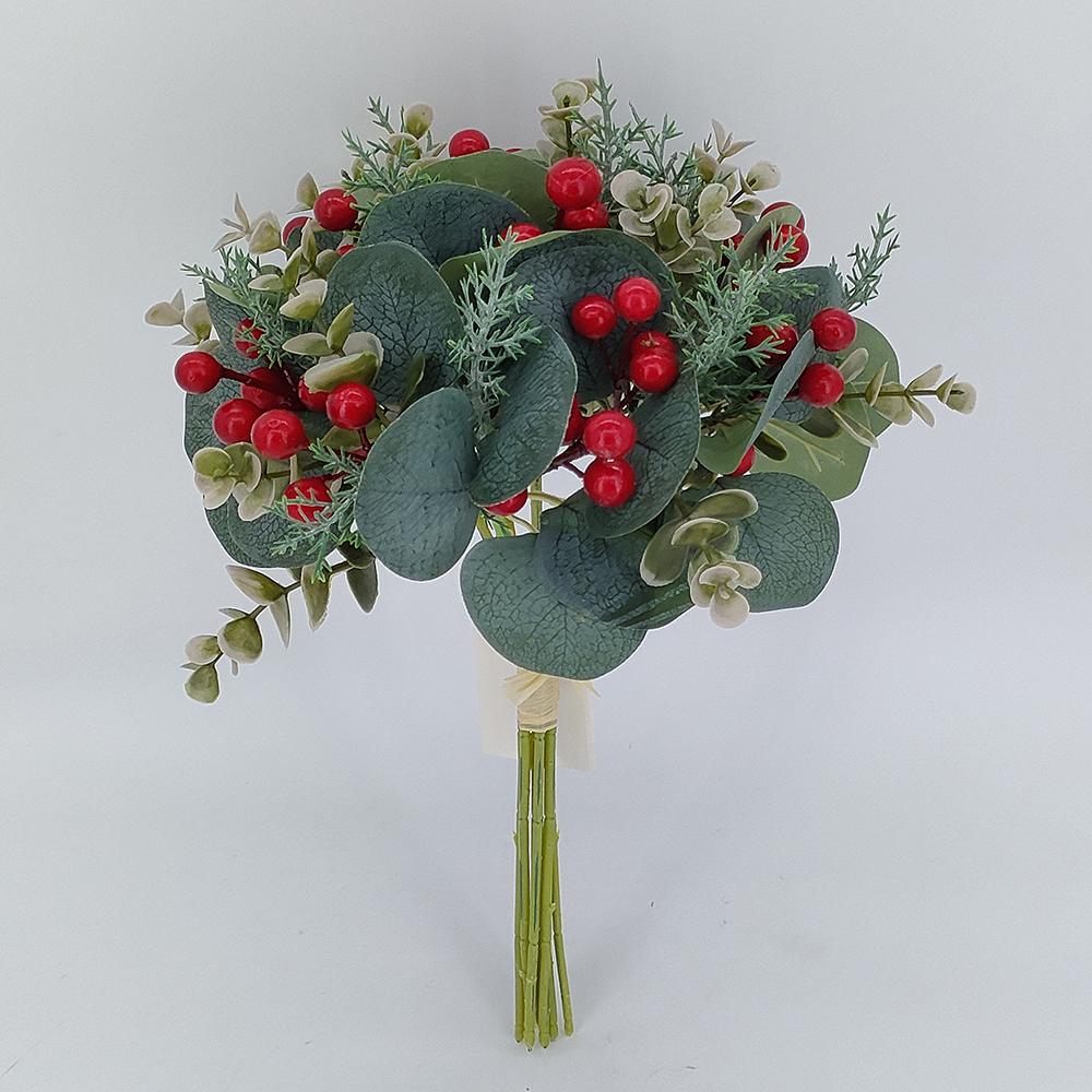 Wholesale Christmas flowers, red berry bouquets with eucalyptus leaves, Christmas bouquet, Christmas burgundy bridal bouquets, artificial flowers bouquets from China supplier-Sunyfar Artificial Flowers,China Factory,Supplier,Manufacturer,Wholesaler