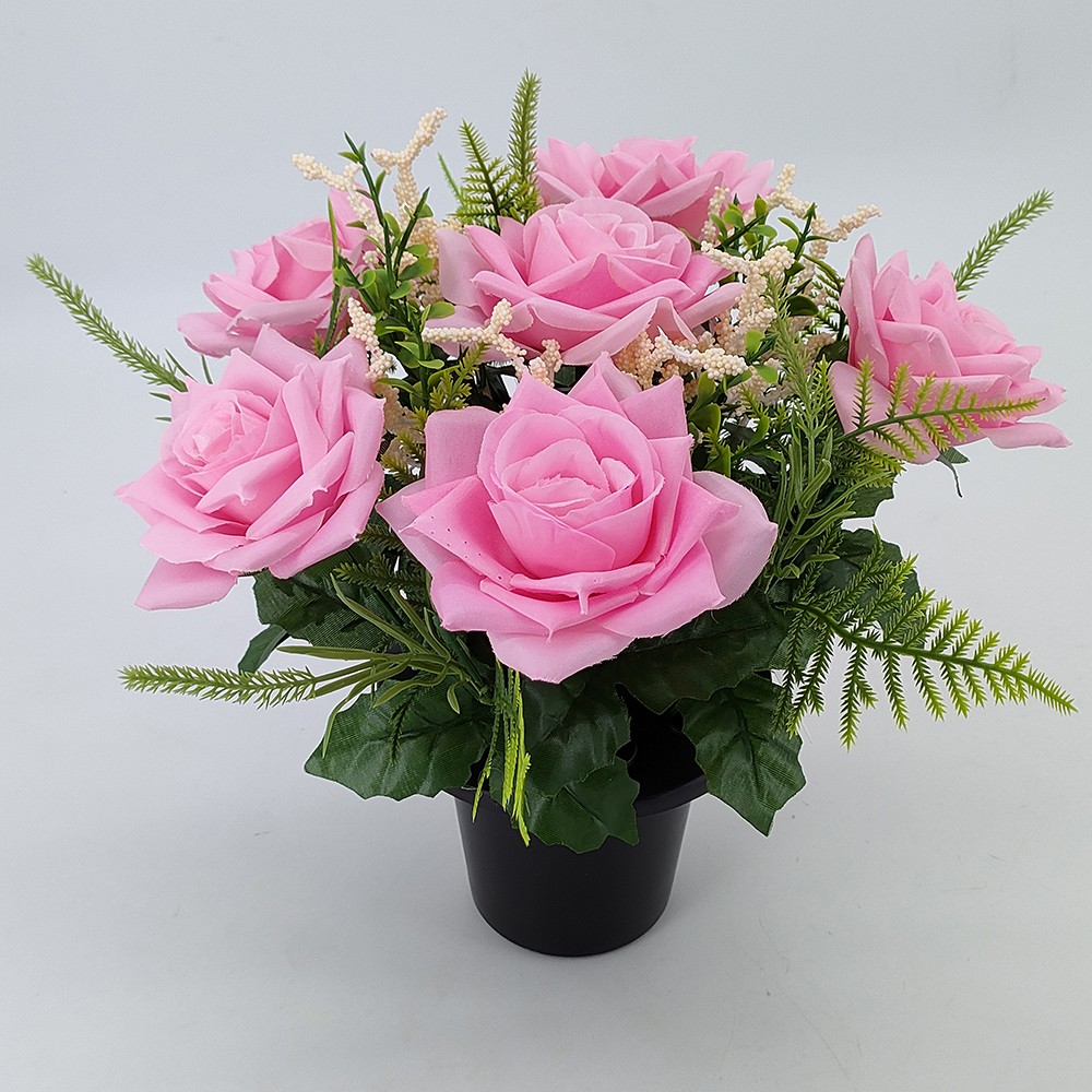Wholesale artificial rose flowers for graves, grave flowers pot, cemetery black pot with roes flowers, UK grave flowers, funeral flowers, cemetery flowers for  memorial decorations-Sunyfar Artificial Flowers,China Factory,Supplier,Manufacturer,Wholesaler