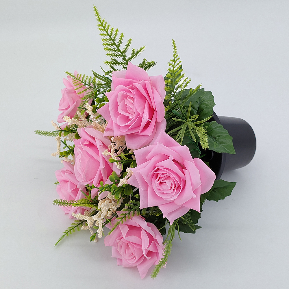 Wholesale artificial rose flowers for graves, grave flowers pot, cemetery black pot with roes flowers, UK grave flowers, funeral flowers, cemetery flowers for  memorial decorations-Sunyfar Artificial Flowers,China Factory,Supplier,Manufacturer,Wholesaler