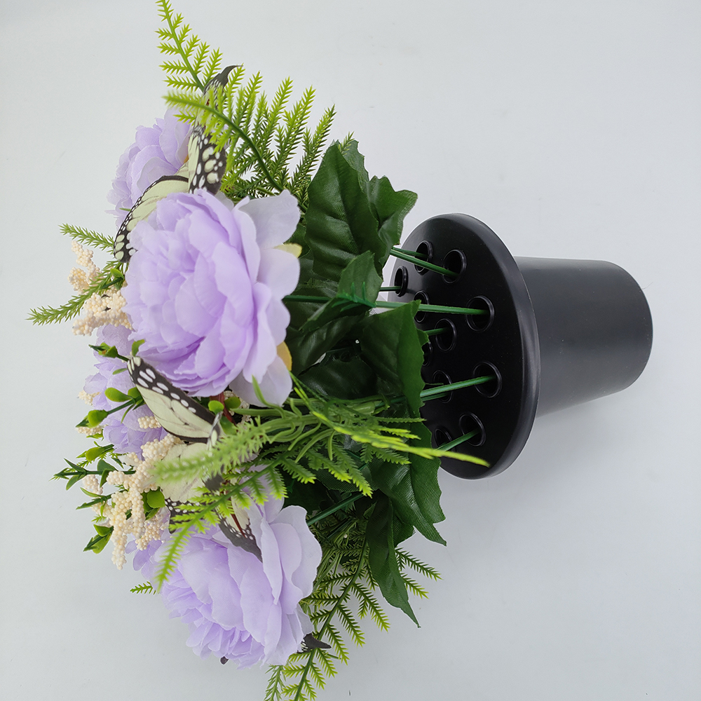 Wholesale silk flowers for graves, grave flowers pot, cemetery black pot with peony flowers and butterfly, grave flowers, UK funeral flowers, cemetery flowers for memorial decorations-Sunyfar Artificial Flowers,China Factory,Supplier,Manufacturer,Wholesaler
