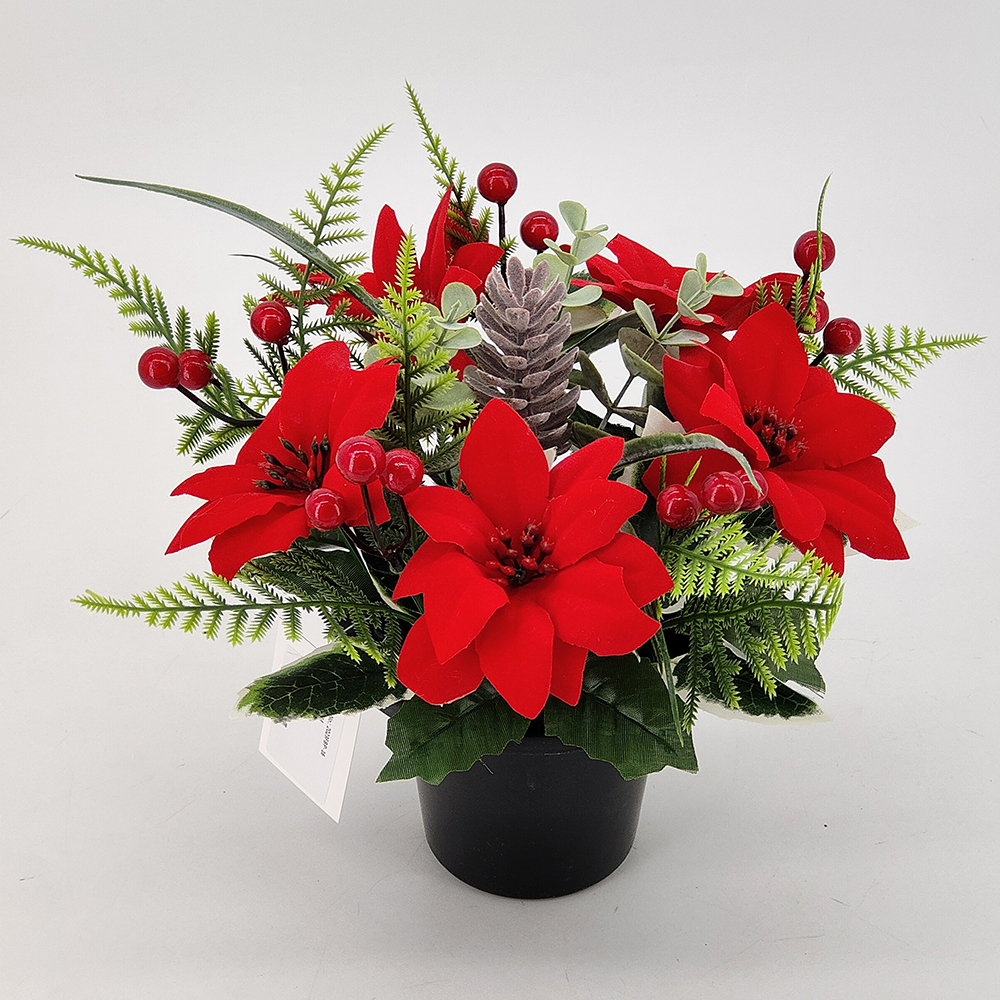 Wholesale Christmas grave pot, graveside flower arrangement, Christmas potted red poinsettia, cone. berry and fern leaf, memorial grave, cemetery arrangement pot, China cemetery flower supplier-Sunyfar Artificial Flowers,China Factory,Supplier,Manufacturer,Wholesaler