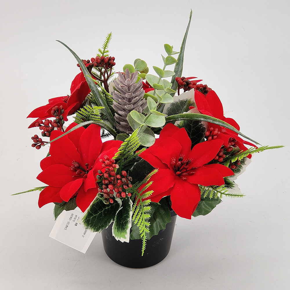Wholesale small artificial flower arrangement, Christmas potted red poinsettia, holly leaves, snow cone, Christmas red berries and fern leaves,  memorial grave, cemetery arrangement pot, China cemetery flower supplier-Sunyfar Artificial Flowers,China Factory,Supplier,Manufacturer,Wholesaler