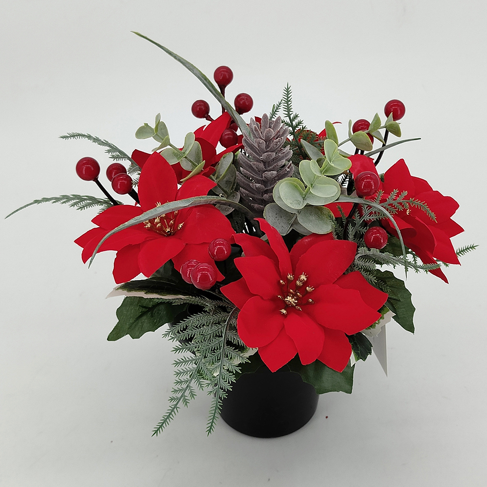 Wholesale small artificial flower arrangement, Christmas potted red poinsettia, holly leaves, snow cone, Christmas red berries and fern leaves,  memorial grave, cemetery arrangement pot, China cemetery flower supplier-Sunyfar Artificial Flowers,China Factory,Supplier,Manufacturer,Wholesaler