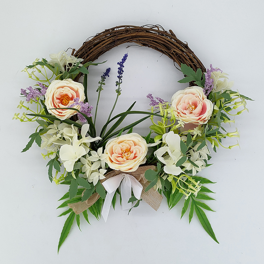 Wholesale floral spring wreath, artificial wreath with ranunculus and hydrangea, artificial ranunculus wreath, artificial rattan Christmas decoration, wedding flower wreath, China wreath supplier-Sunyfar Artificial Flowers,China Factory,Supplier,Manufacturer,Wholesaler
