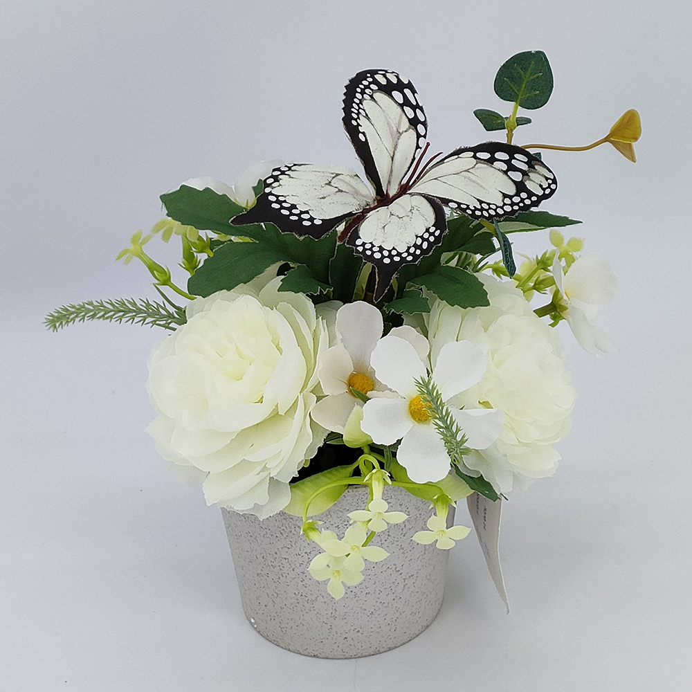 Veleprodajne umetne rože potonike v lončkih, lončki za umetno cvetje, svilene rože potonike v lončku z metuljem, dekoracija poročnega šopka-Umetne rože Sunyfar, Kitajska tovarna, dobavitelj, proizvajalec, veletrgovec