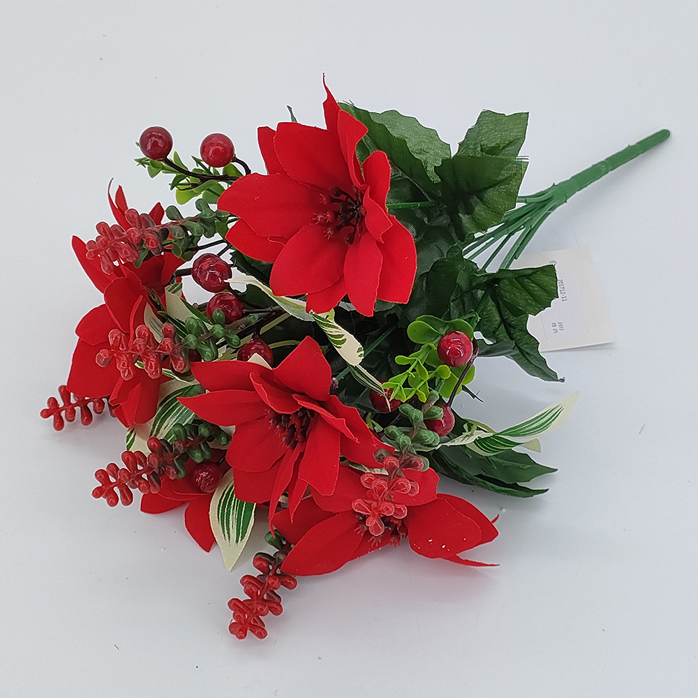 赤いヒイラギの果実を持つ卸売人工ポインセチアの花束、クリスマスの花の束、クリスマスの花のピック、中国のクリスマスの花のサプライヤー-Sunyfar 造花、中国工場、サプライヤー、メーカー、卸売業者