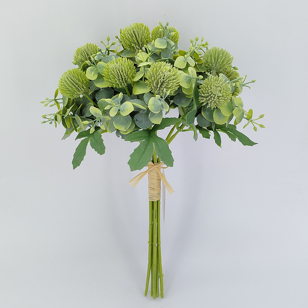 Velkoobchod umělá zelená kytice s echinopovými kuličkami a eukalyptem, ruční výroba, váza pro domácí dekorace, slavnostní svatební dekorace, nová kolekce květin-umělé květiny Sunyfar, čínská továrna, dodavatel, výrobce, velkoobchod