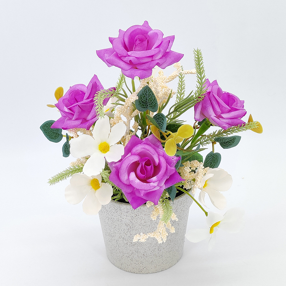 Flor artificial en maceta, flores falsas en maceta, decoración de ramo de rosas de seda con jarrón de plástico, plantas falsas, arreglo floral para centros de mesa.