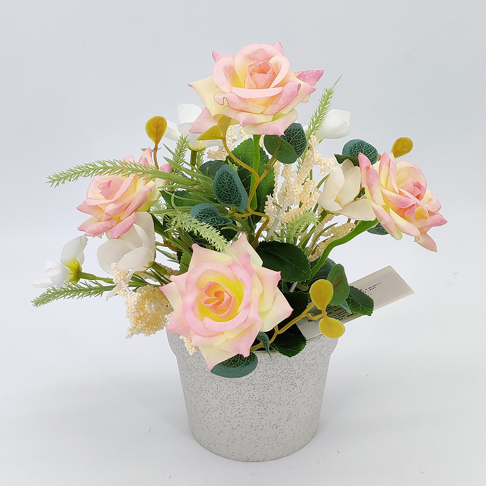 Χονδρική τεχνητό λουλούδι σε γλάστρες, ψεύτικα λουλούδια σε γλάστρα, διακόσμηση από μεταξωτό τριαντάφυλλο με πλαστικό βάζο,  ψεύτικα φυτά,  λουλουδάτη σύνθεση για επιτραπέζια κεντρικά στολίδια γάμου γραφείου-Sunyfar Τεχνητά λουλούδια, China Factory, Προμηθευτής,Wholleresa