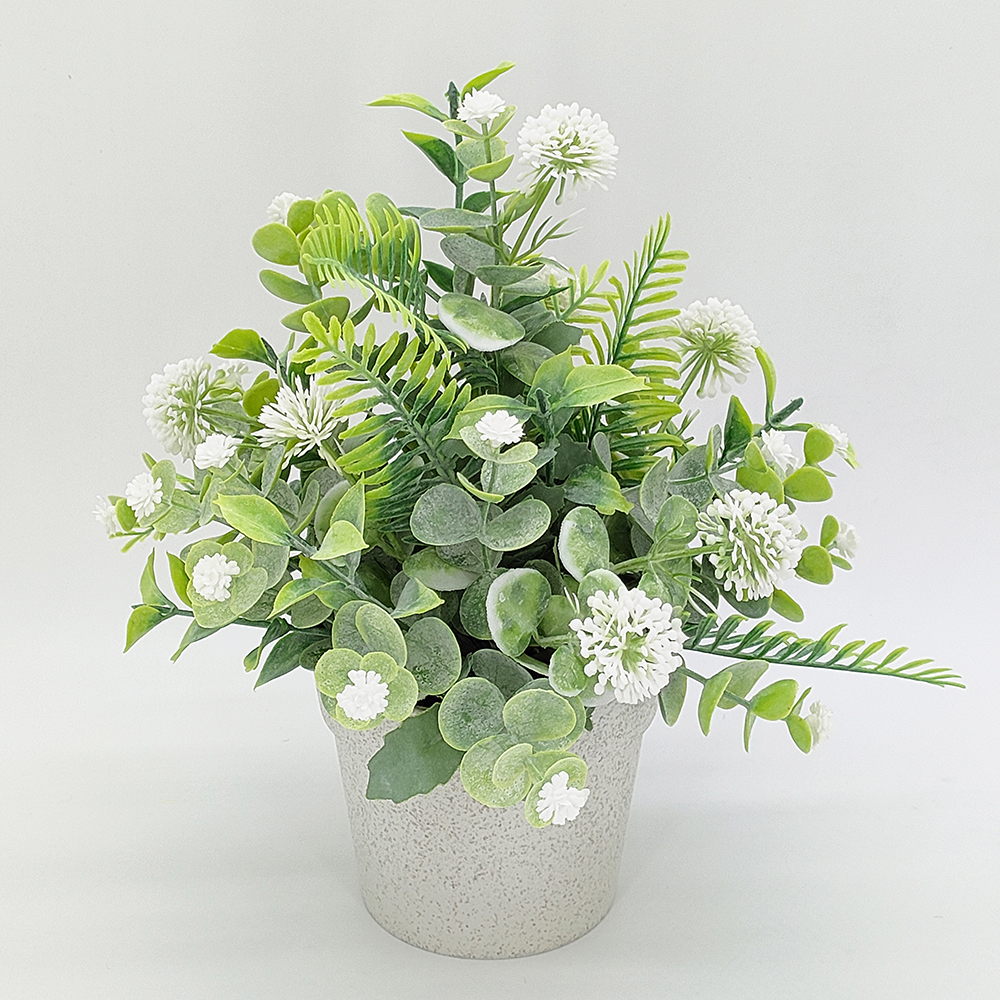 Wholesale potted plants artificial decor, eucalyptus plants live indoor potted, mini Eucalyptus potted artificial plants for home office desk decoration, potted flowers with eucalyptus, hydrangea and green leaves-Sunyfar Artificial Flowers,China Factory,Supplier,Manufacturer,Wholesaler