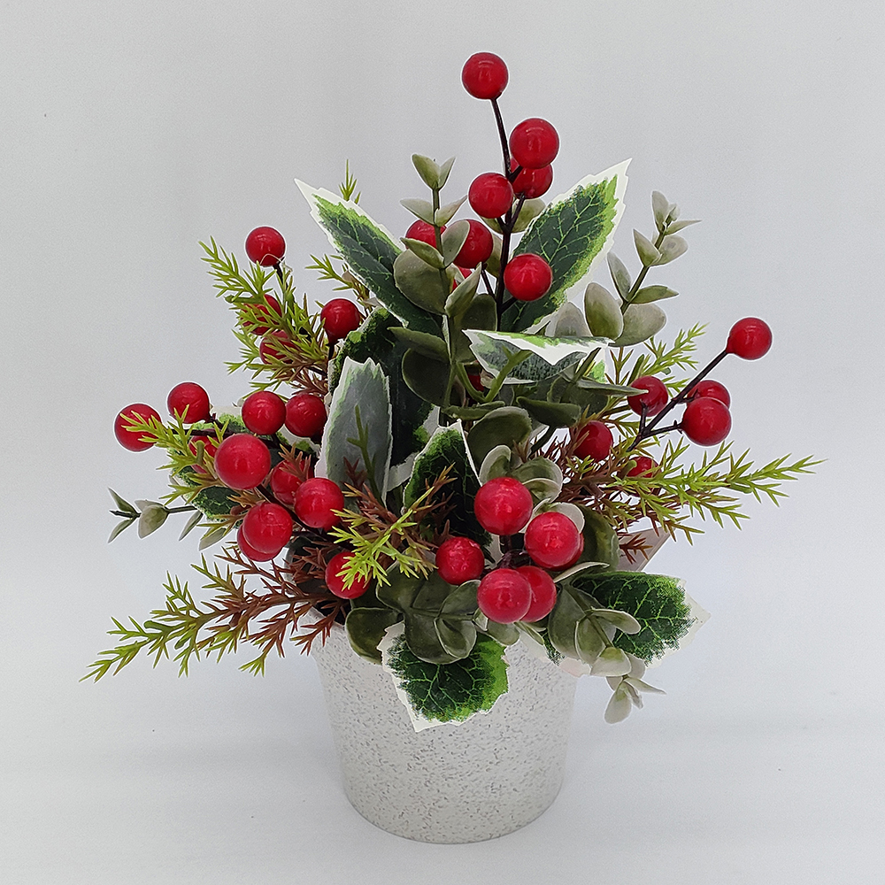 Zöld cserepes növények nagykereskedelme, karácsonyfa piros bogyóval, szent levelekkel és eukaliptusszal, mesterséges karácsonyi téli piros bogyó, téli ünnepi dekoráció - Sunyfar művirágok, kínai gyár, beszállító, gyártó, nagykereskedő