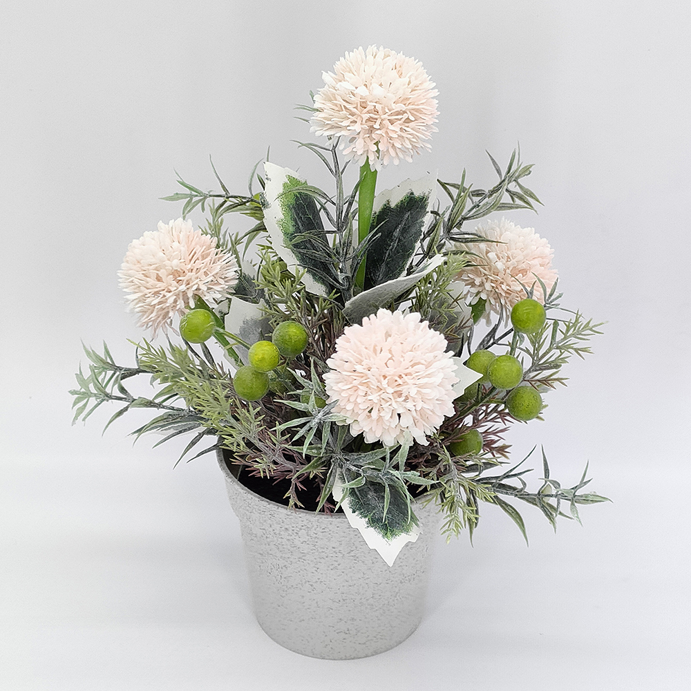 Wholesale artificial potted flowers, small plastic vase fake flower plants, desktop decoration, faux onion flower and green berries in pot,  Home Decor Indoor Room Table Office Kitchen Counter Decor-Sunyfar Artificial Flowers,China Factory,Supplier,Manufacturer,Wholesaler